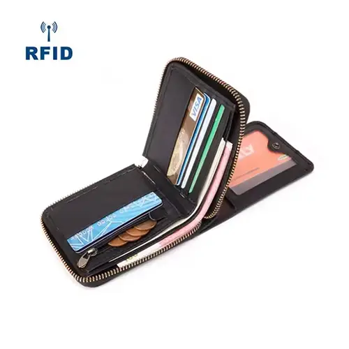 RFID-Blocking Compact Leather Wallet with Zipper Closure